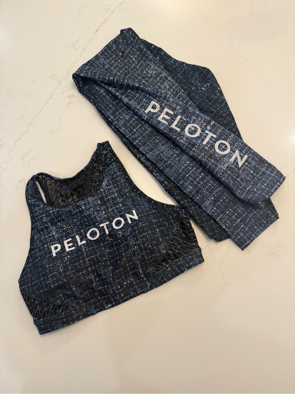 Peloton women’s Navy Blue Athletic Crop Top and legging’s set - great used condo